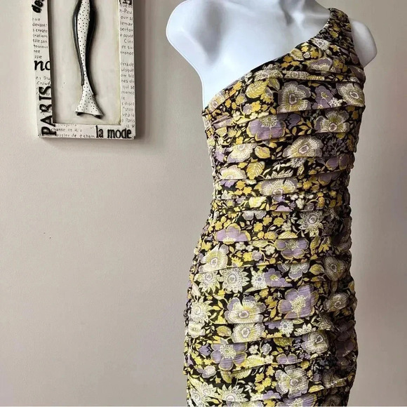 Zara Floral Chiffon Ruched One Shoulder Mini Dress Size XS - Picture 7 of 11